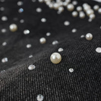 Faux Pearl and Rhinestone Denim Shorts Jorts — vista frontale