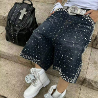 Faux Pearl and Rhinestone Denim Shorts Jorts — dettaglio