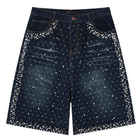 Faux Pearl and Rhinestone Denim Shorts Jorts — vista frontale