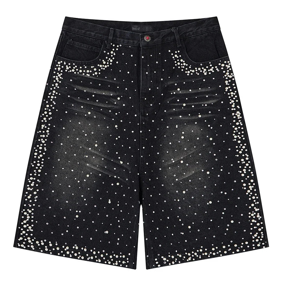 Faux Pearl and Rhinestone Denim Shorts Jorts — vista posteriore