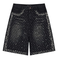 Faux Pearl and Rhinestone Denim Shorts Jorts — vista posteriore