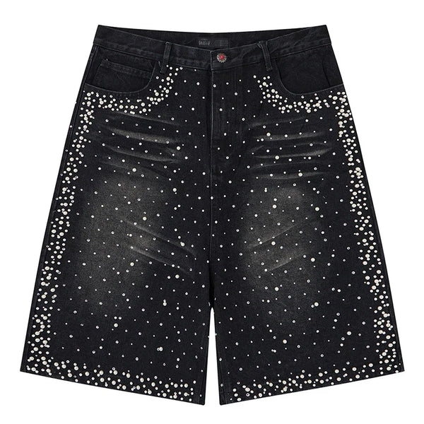 Y2K Faux Pearl and Rhinestone Denim Shorts Jorts