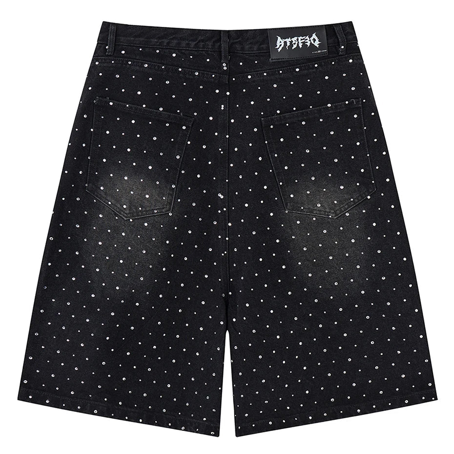 Faux Pearl and Rhinestone Denim Shorts Jorts — dettaglio del tessuto