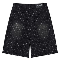 Faux Pearl and Rhinestone Denim Shorts Jorts — dettaglio del tessuto