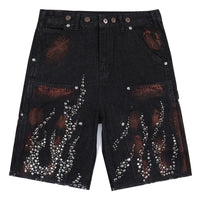 Fire Diamond Rhinestone Denim Shorts Jorts — vista frontale