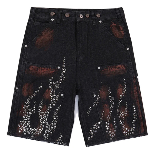 Fire Diamond Rhinestone Denim Shorts Jorts — vista frontale