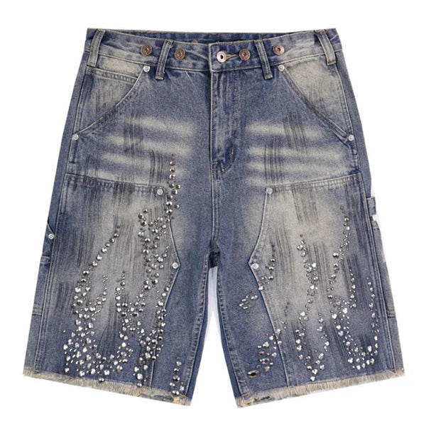 Y2K Fire Diamond Rhinestone Denim Shorts Jorts