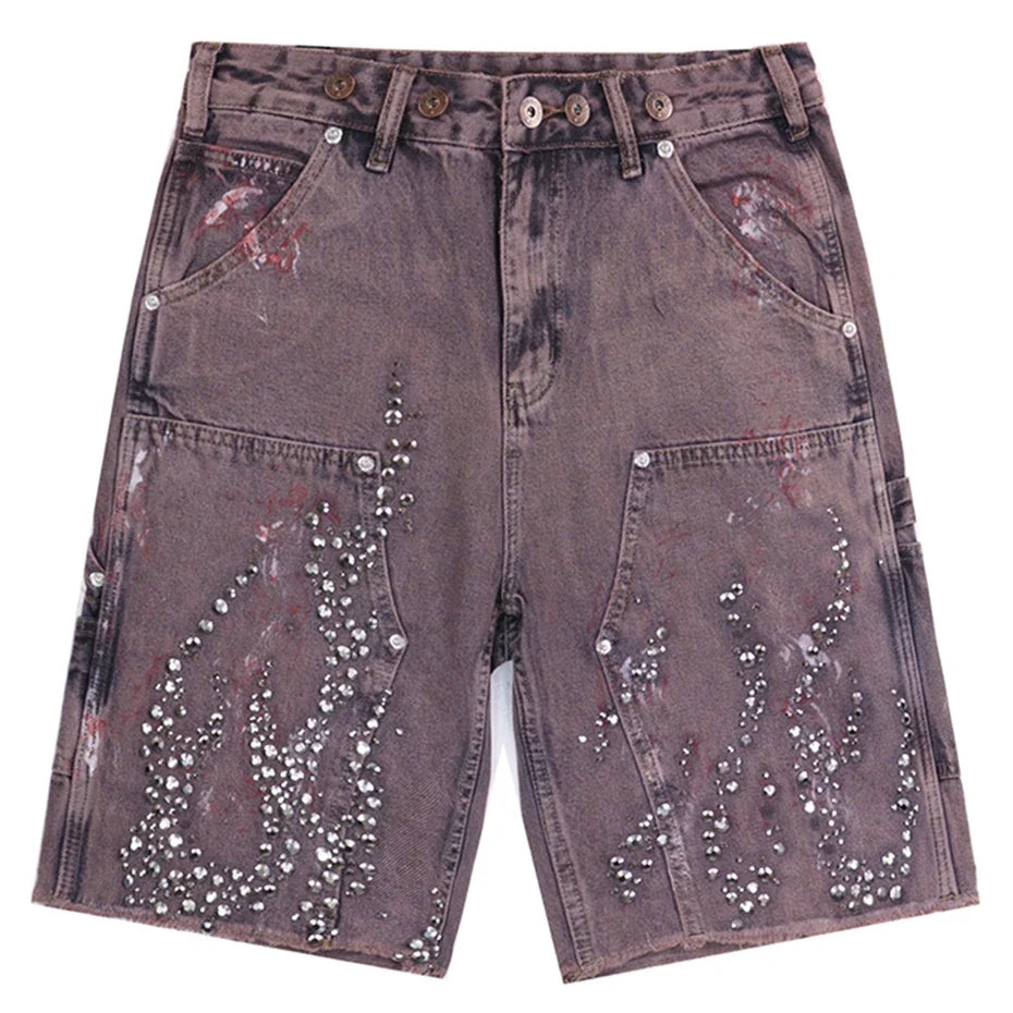 Fire Diamond Rhinestone Denim Shorts Jorts — dettaglio