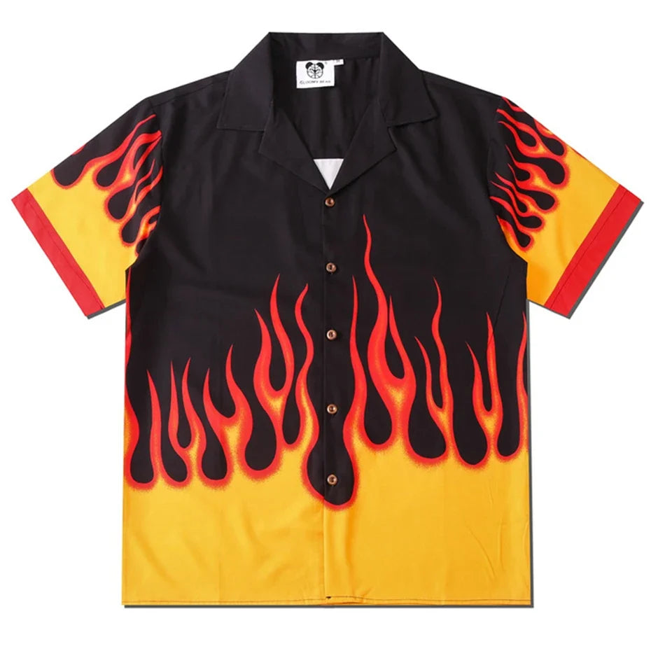 Fire Graphic Button Down Short Sleeve Shirt — vista frontale