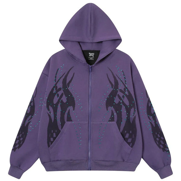 Fire Rhinestone Full Zip Up Hoodie — vista frontale