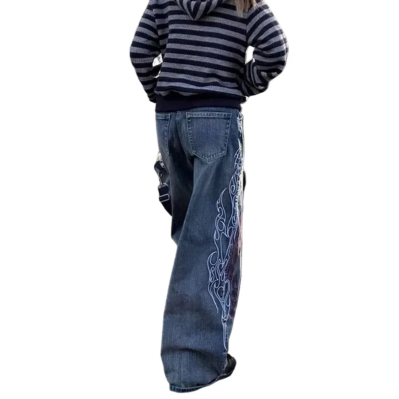 Flame Outline Baggy Embroidered Jeans — vista posteriore