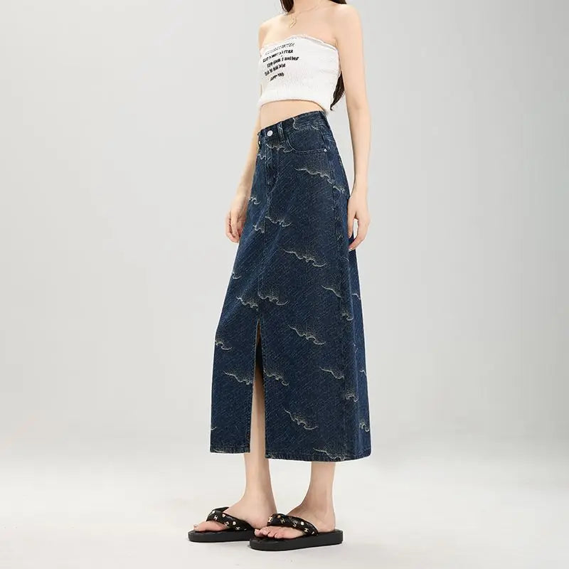 Floral Blue Jacquard Waves Denim Midi Skirt — vista posteriore