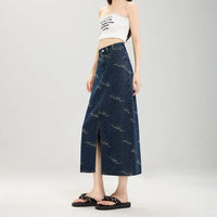 Floral Blue Jacquard Waves Denim Midi Skirt — vista posteriore