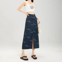 Floral Blue Jacquard Waves Denim Midi Skirt — dettaglio