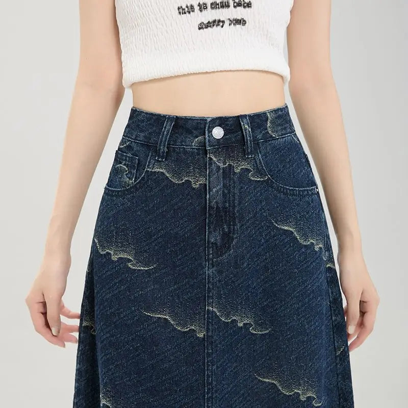 Floral Blue Jacquard Waves Denim Midi Skirt — dettaglio della stampa
