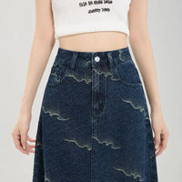 Floral Blue Jacquard Waves Denim Midi Skirt — dettaglio della stampa