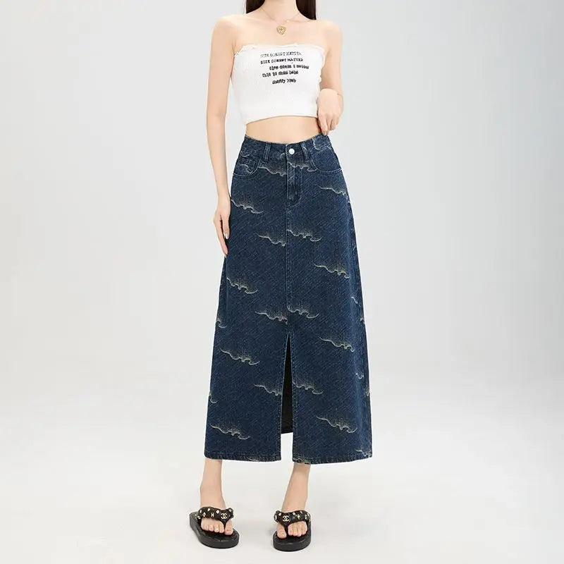 Floral Blue Jacquard Waves Denim Midi Skirt — vista frontale
