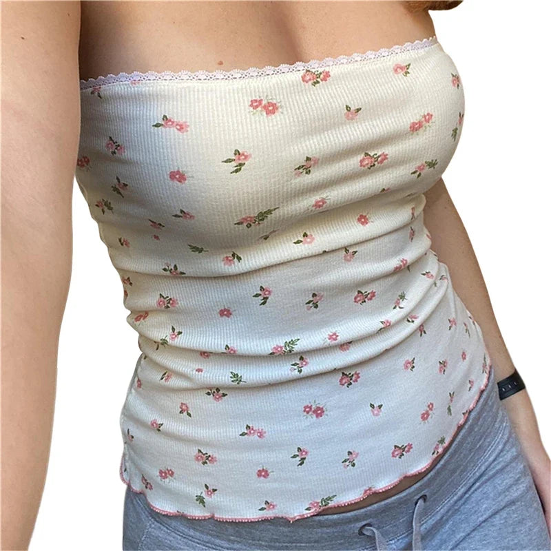 Floral Coquette Lace Trim Bandeau Tube Top — dettaglio della stampa