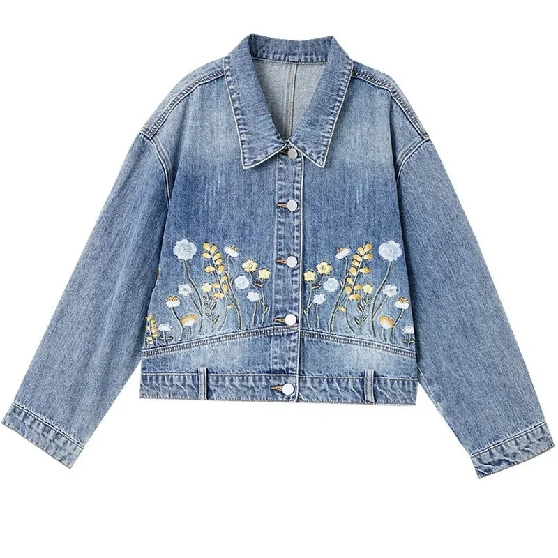 Floral Embroidered Denim Short Jacket — vista frontale