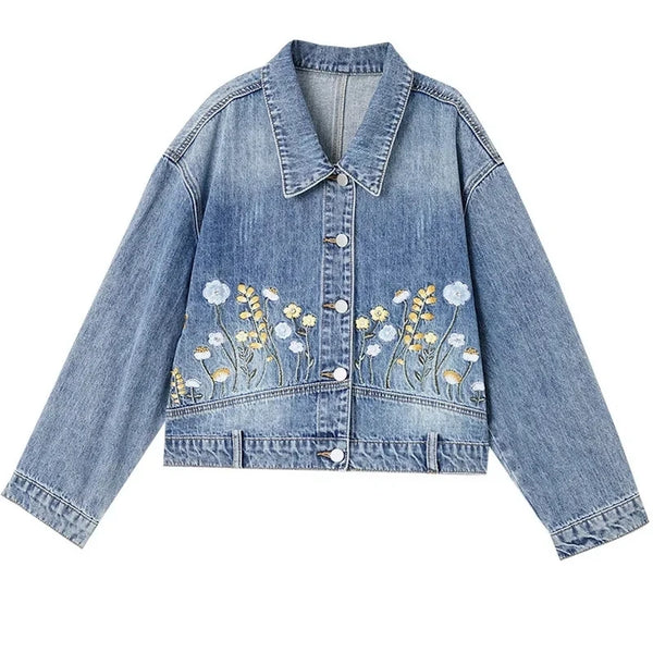 Floral Embroidered Denim Short Jacket — vista frontale