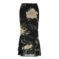 Floral Grunge Black Mesh Maxi Skirt — vista frontale