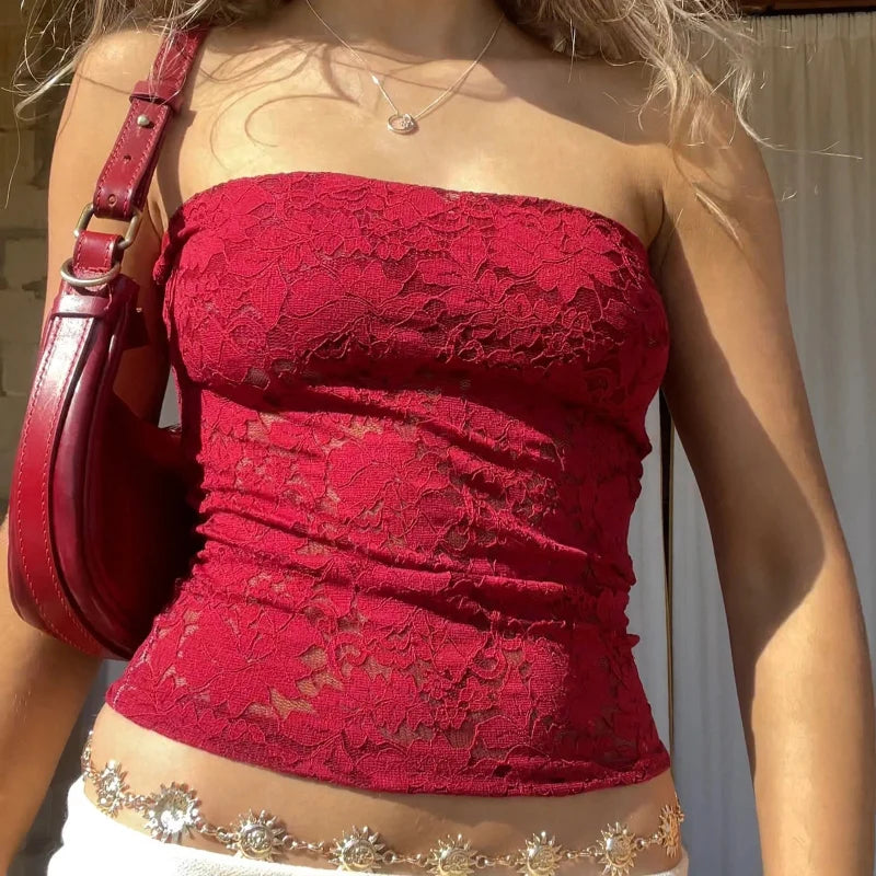 Floral Lace Bandeau Tube Top — vista frontale