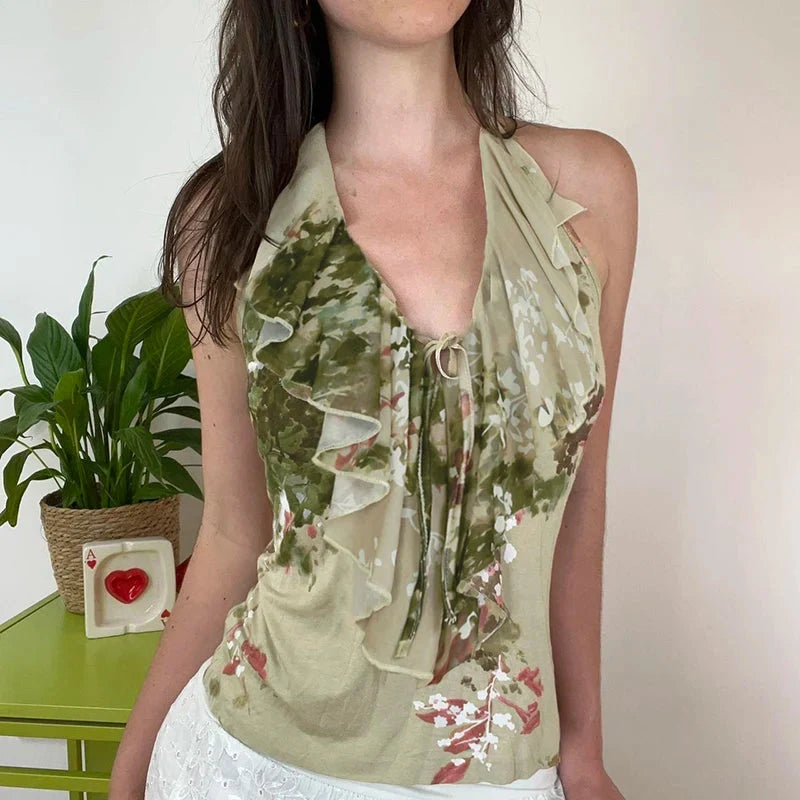 Floral Printed Tie up Halter Top — vista posteriore