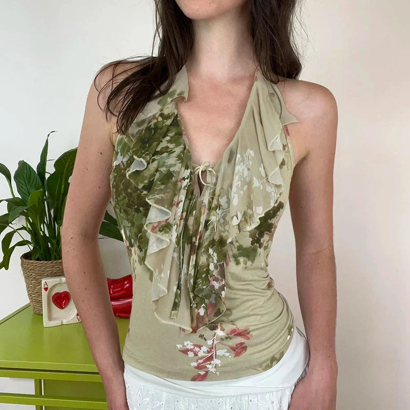 Floral Printed Tie up Halter Top — dettaglio