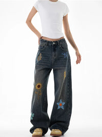 "Flowers in the Meadow" Floral Embroidered Baggy Jeans — vista posteriore