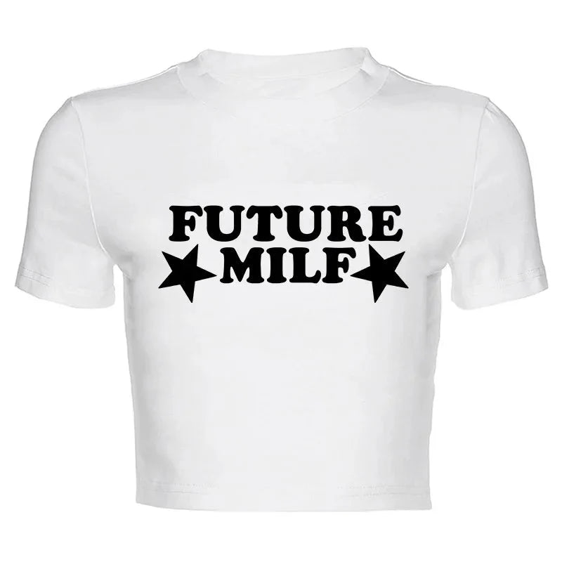 "Future Milf" Graphic Crop Top — vista frontale