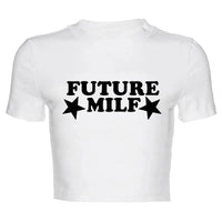 "Future Milf" Graphic Crop Top — vista frontale