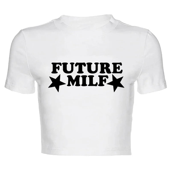 "Future Milf" Graphic Crop Top — vista frontale