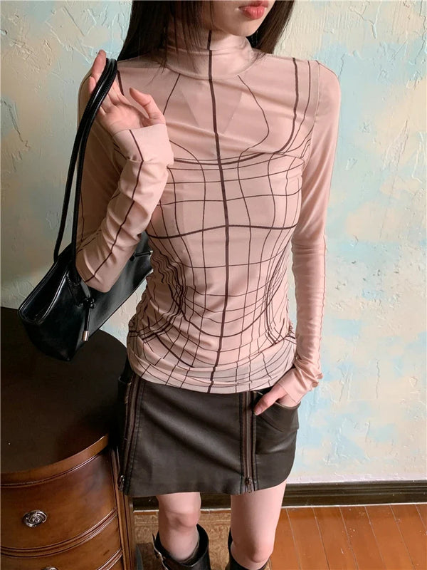 Geometric Long Sleeve Mesh Top — vista frontale