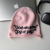 "God Save Me" Embroidered Text Graphic Beanie — dettaglio