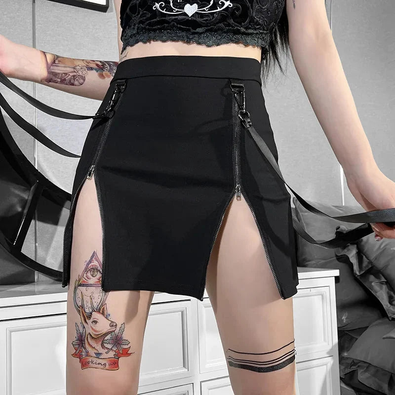 Gothic High Waist Zip Mini Skirt — vista posteriore