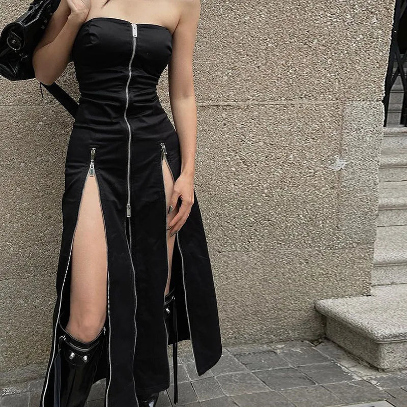 Gothic Techwear Zip Up Midi Dress — vista posteriore