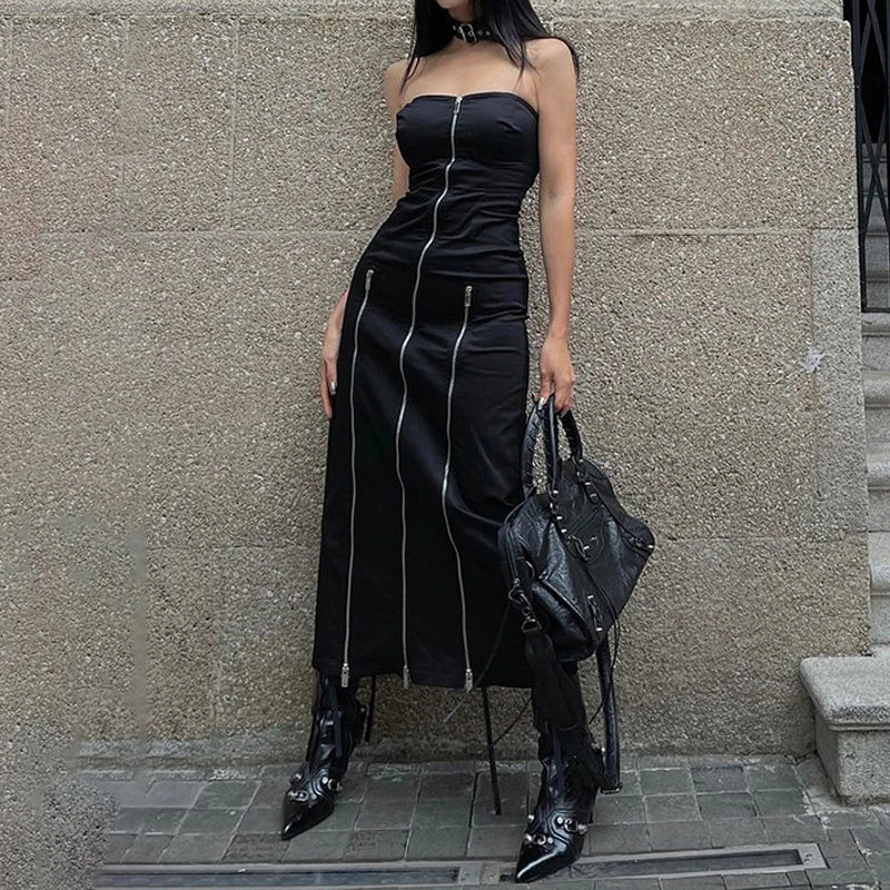 Gothic Techwear Zip Up Midi Dress — dettaglio