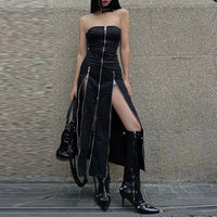 Gothic Techwear Zip Up Midi Dress — vista frontale