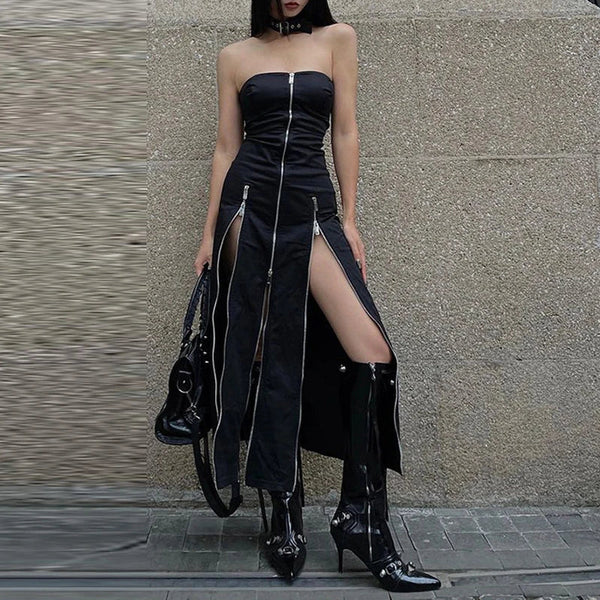 Gothic Techwear Zip Up Midi Dress — vista frontale