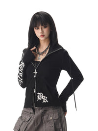 Gothic Text Graphic Womens Zip Up Piping Hoodie — vista frontale