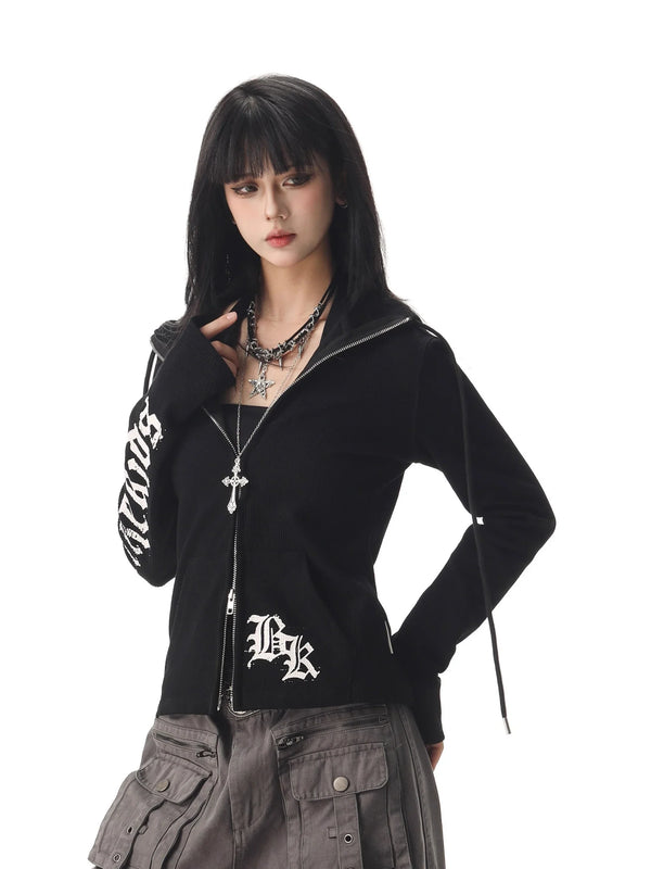 Gothic Text Graphic Womens Zip Up Piping Hoodie — vista frontale