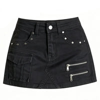 Gothic Zipper Studs Black Denim Mini Skirt — vista frontale