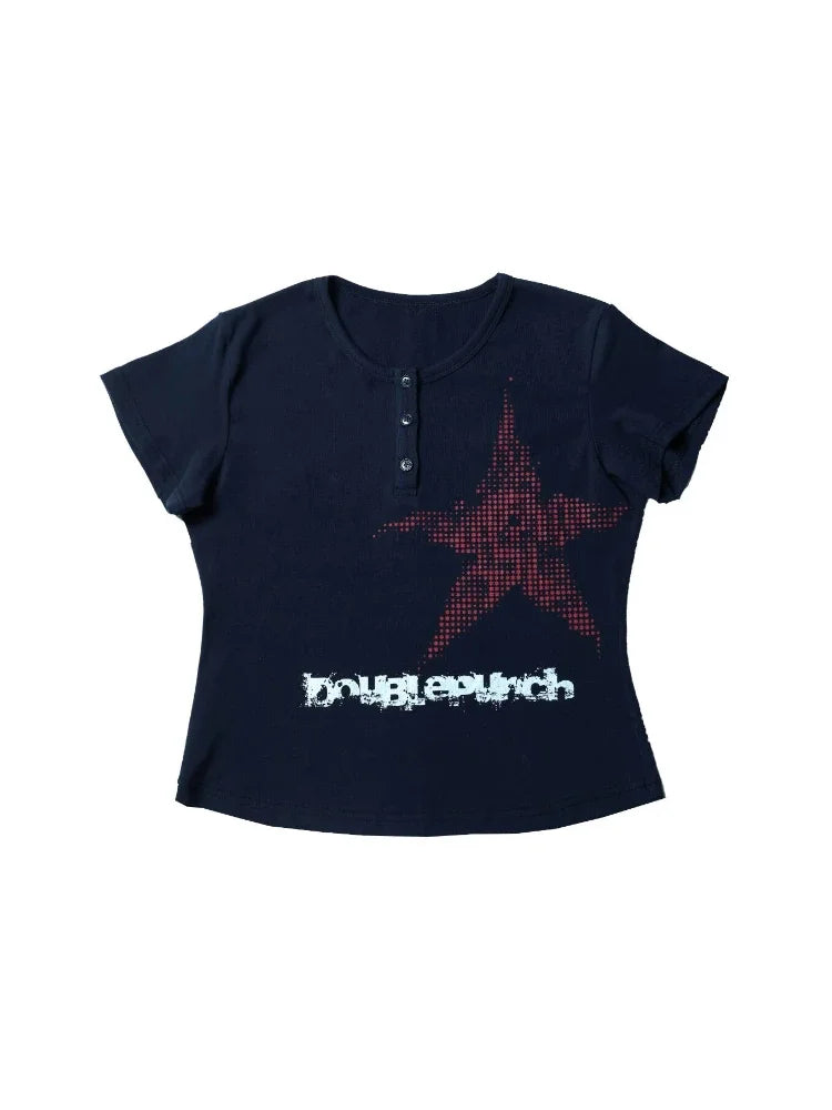 Graphic Star Button Up Crop Top — vista laterale
