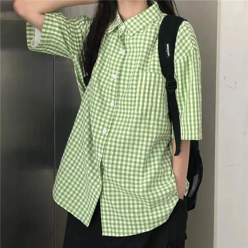 Green Plaid Oversized Short Sleeve Button Up Shirt — in alternativa