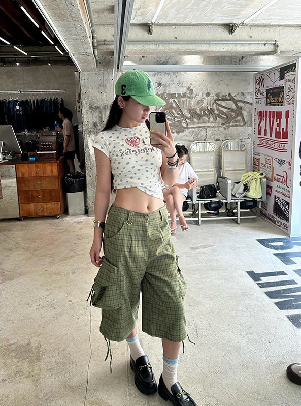 Green Plaid Print High Waist Cargo Denim Shorts Jorts — dettaglio della stampa