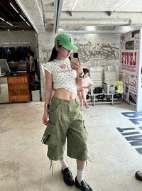Green Plaid Print High Waist Cargo Denim Shorts Jorts — dettaglio della stampa