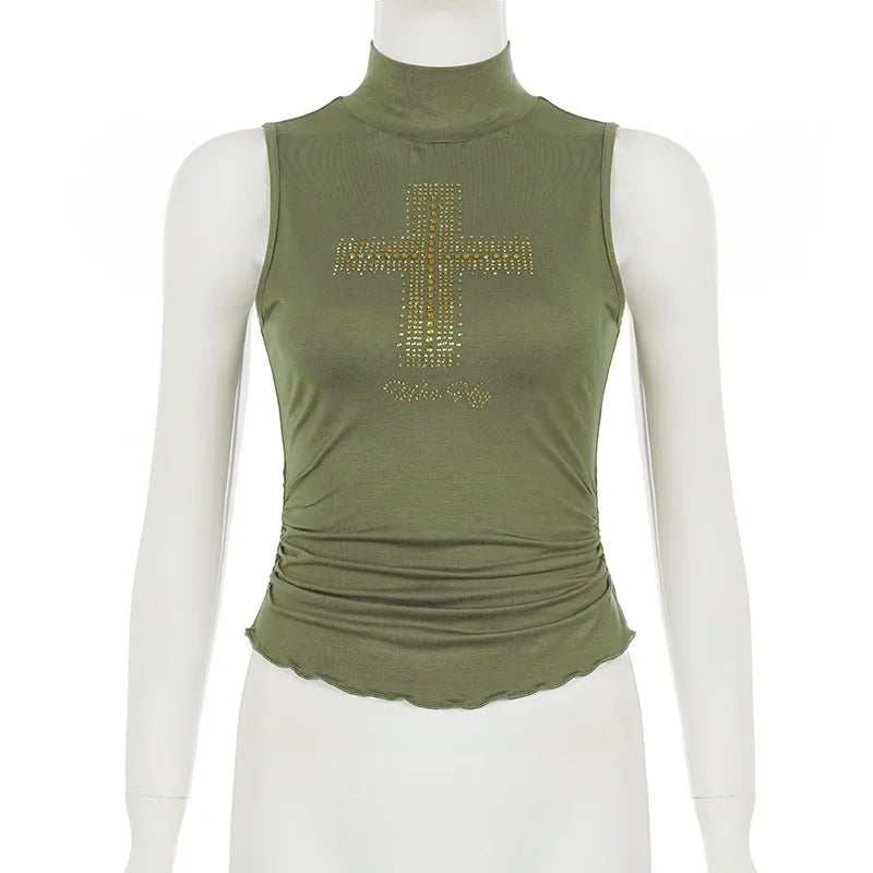 Green Turtleneck Rhinestone Cross Sleeveless Top — vista laterale
