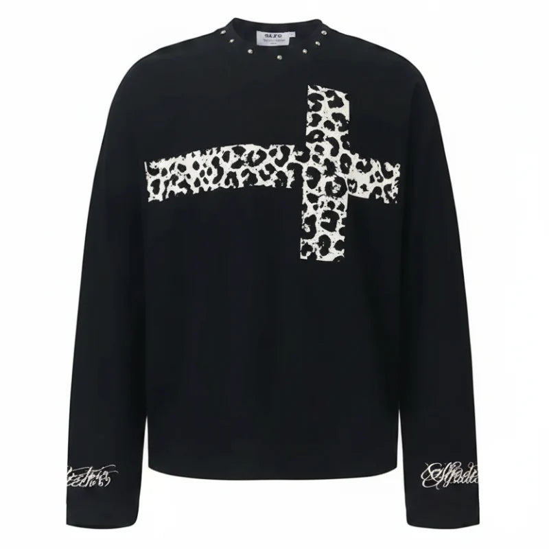 Grey Scale Leopard Print Cross Long Sleeve Top — vista frontale