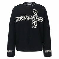 Grey Scale Leopard Print Cross Long Sleeve Top — vista frontale