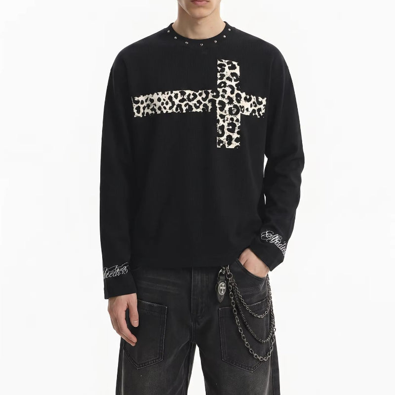 Grey Scale Leopard Print Cross Long Sleeve Top — vista posteriore